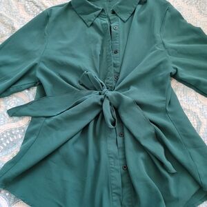 Green Button-Up Blouse with Tie Front